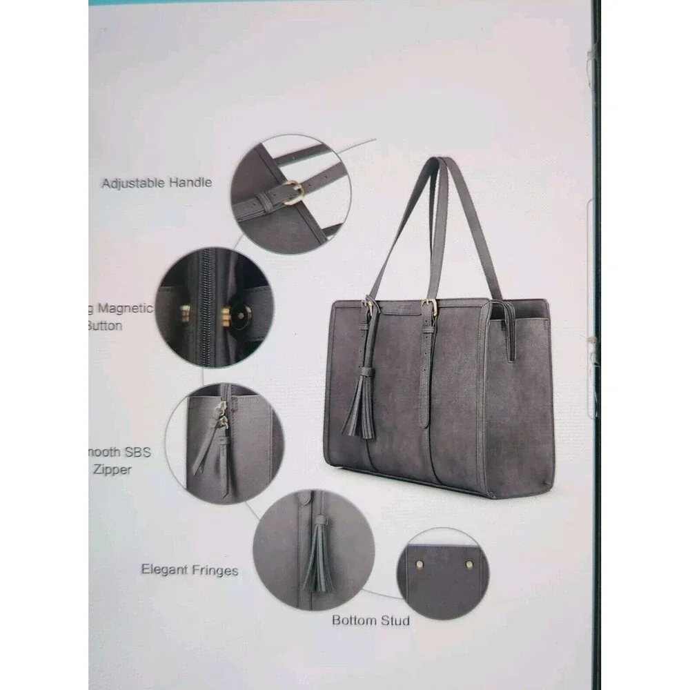 Laptop Bag Briefcase For Women Work Tote Leather Purse Gray Lots Of Pockets - Picture 8 of 16